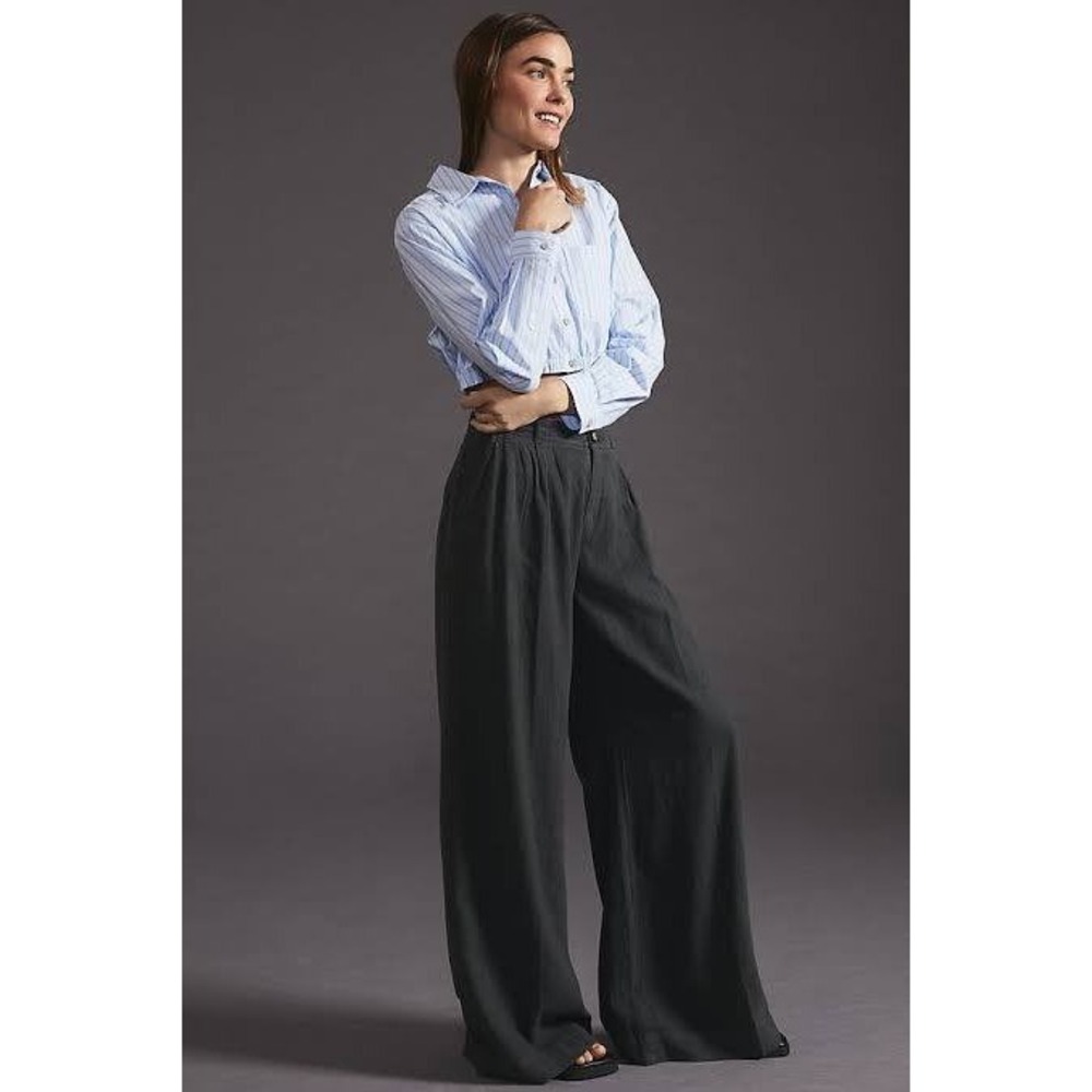 Anthropologie Wide Leg Linen Blend Pleated Trousers Black OB1527982 Size 12 NEW